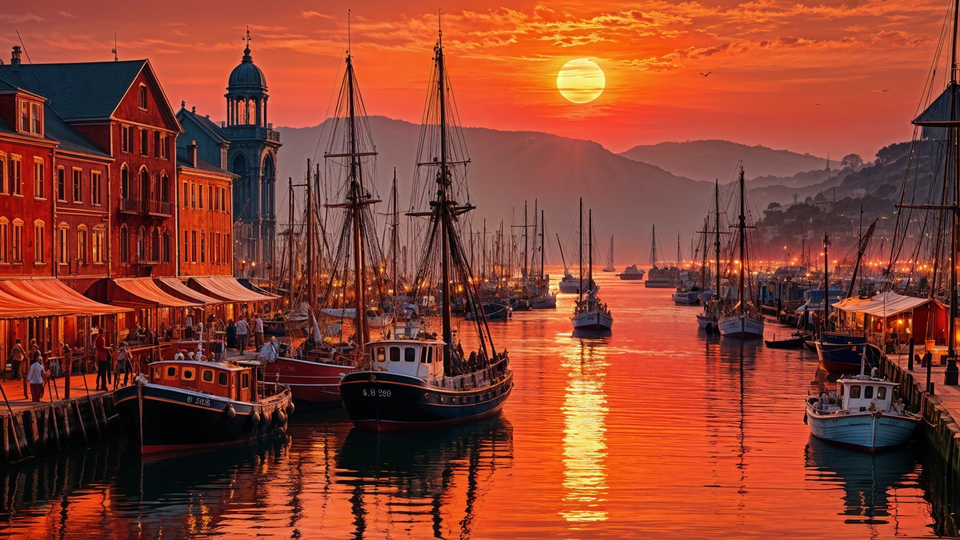 Sunset Harbor Scene with Boats and Charming Buildings