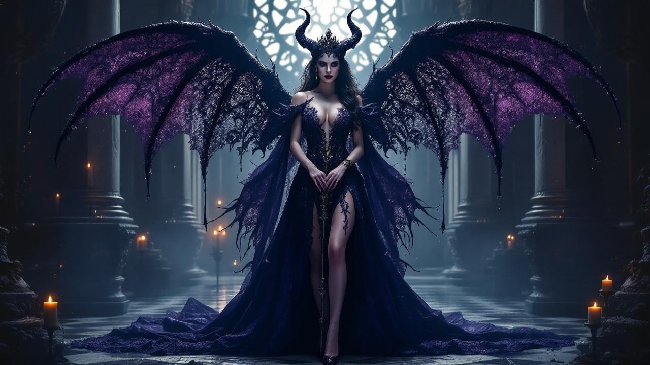 Dark Figure with Bat Wings in Mystical Setting