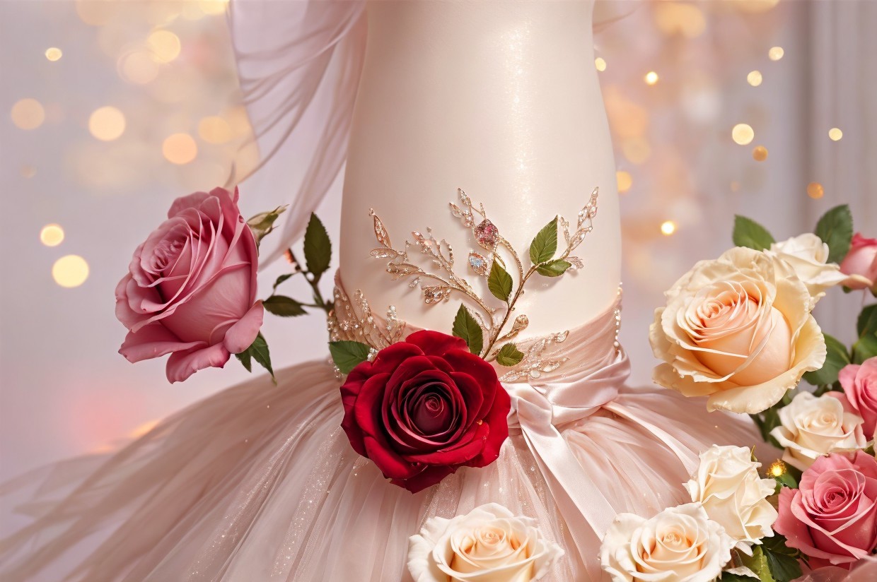 Close-up of a floral embellished elegant dress