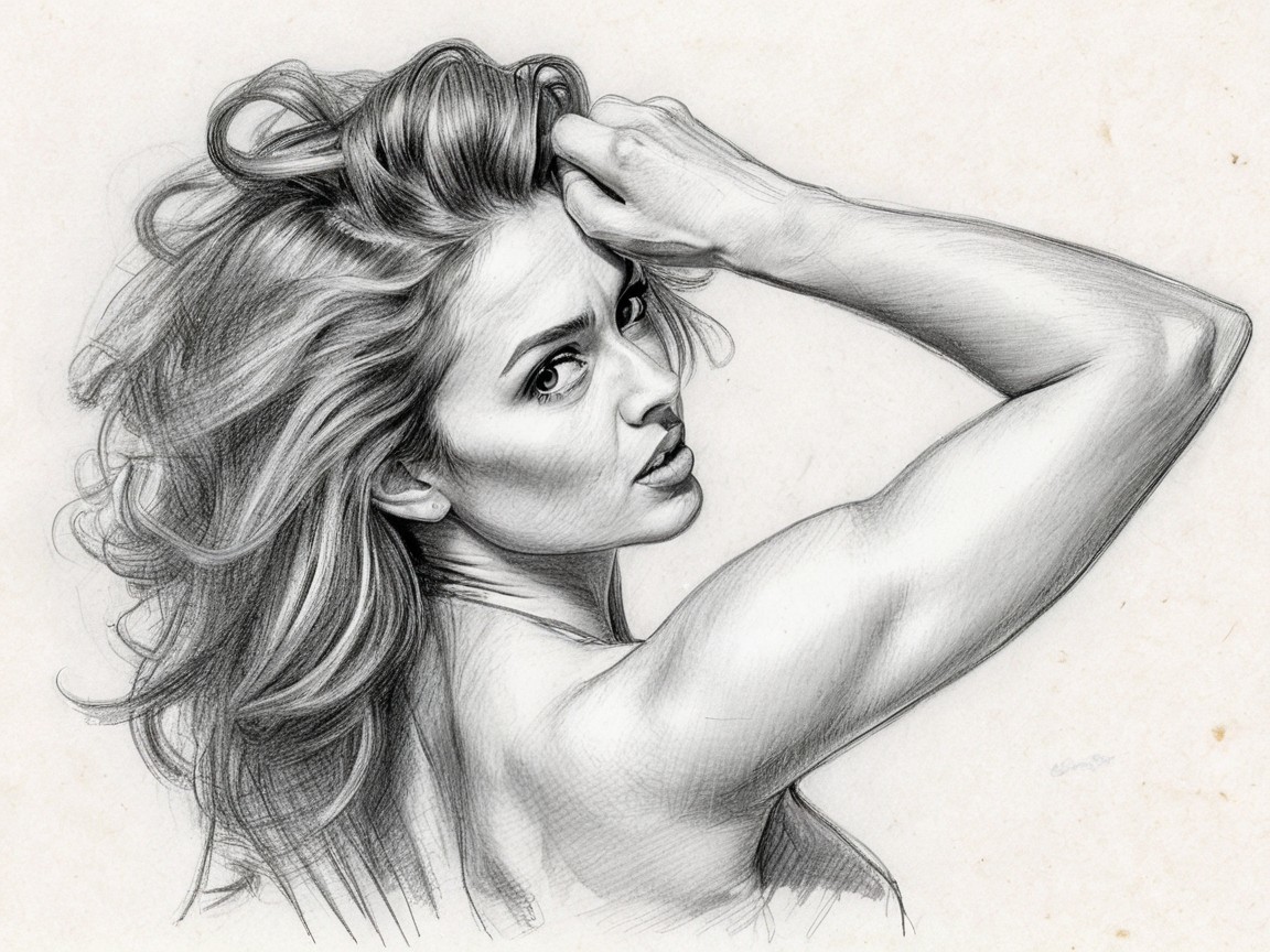 Pencil Sketch of Confident Woman with Tousled Hair