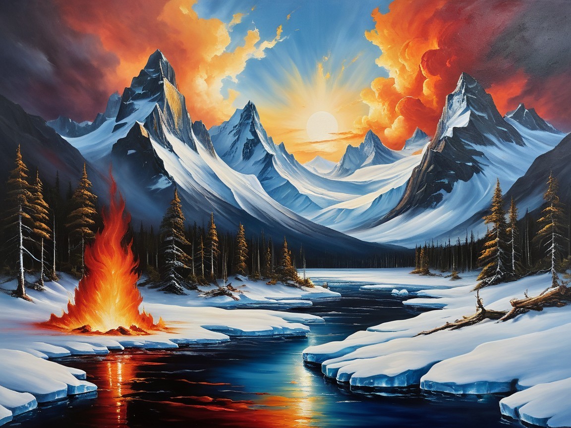 Majestic Winter Landscape with Sunset and Campfire