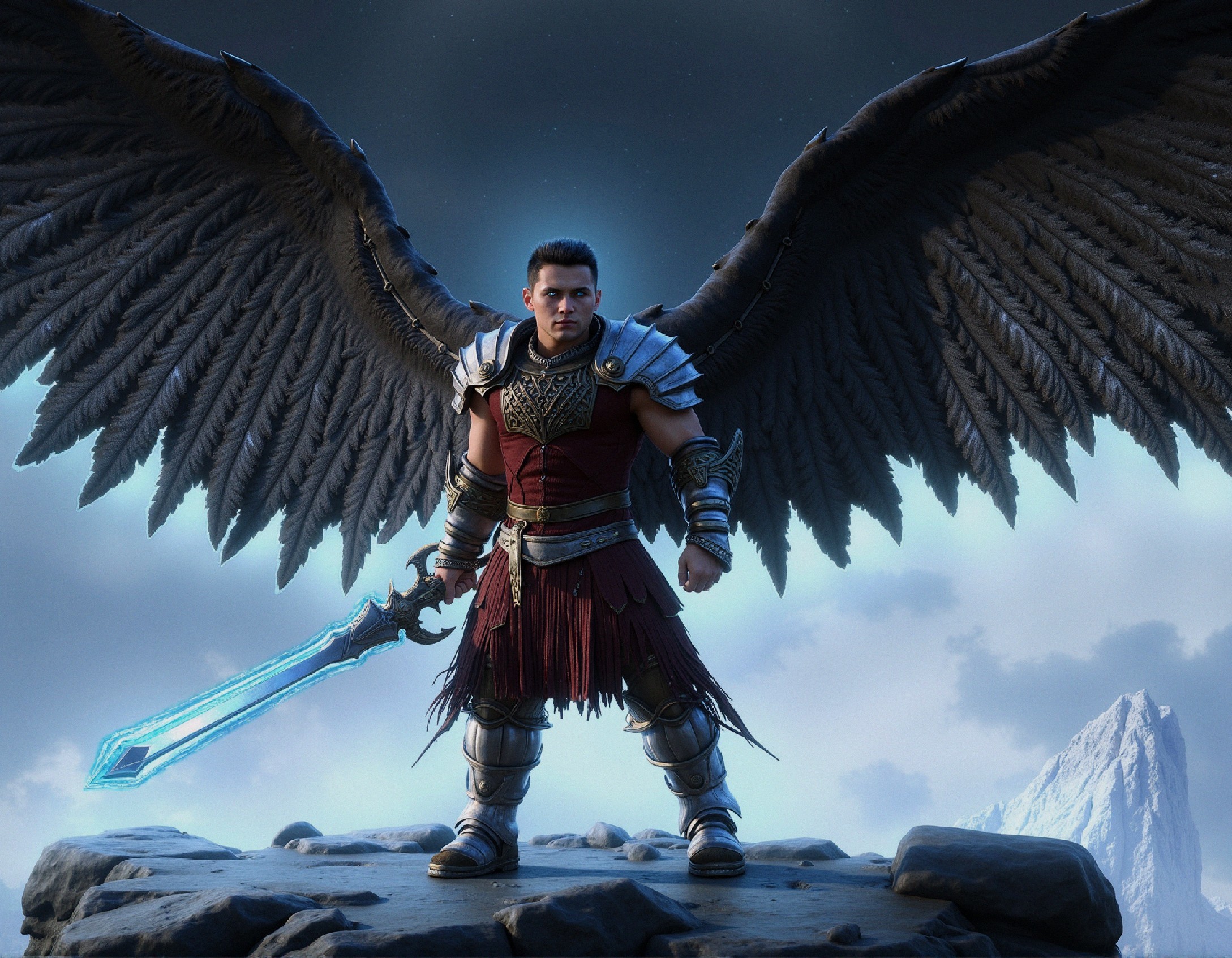 Heroic figure in ancient armor with glowing sword and wings