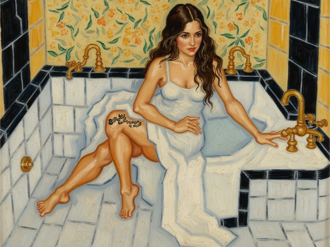 Elegant Woman in Bathtub with Floral Background