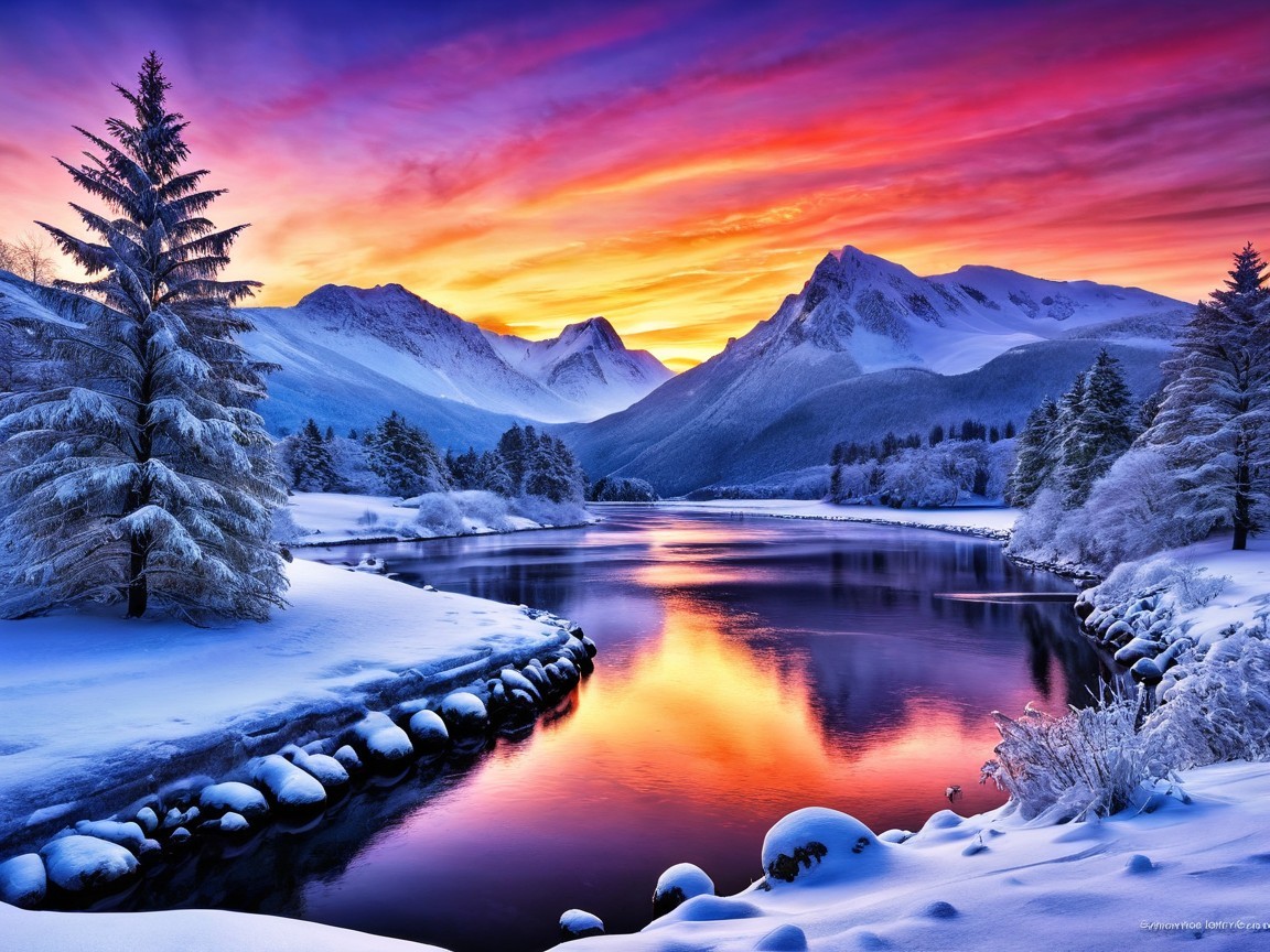 Winter Landscape with Sunset over Snow-Capped Mountains