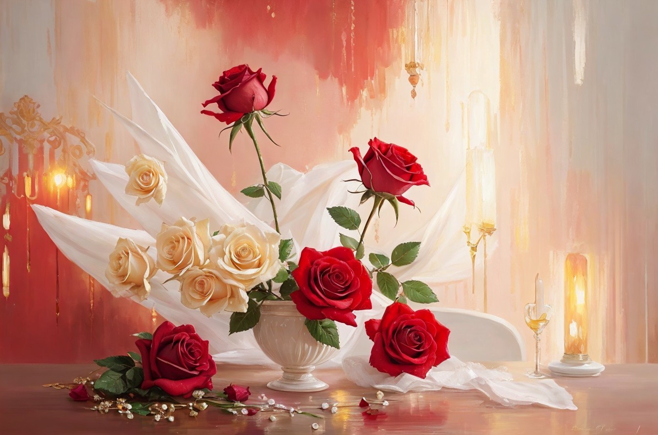 Elegant Red and Cream Roses in White Vase Arrangement