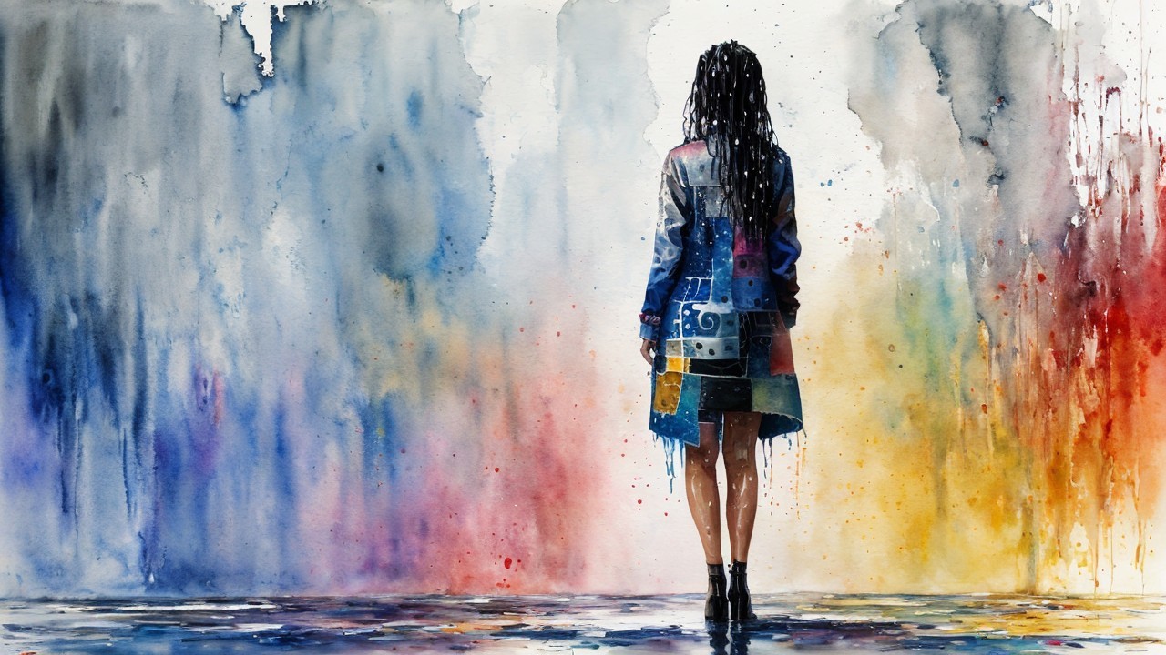 Woman in Patchwork Jacket Against Abstract Watercolor Background