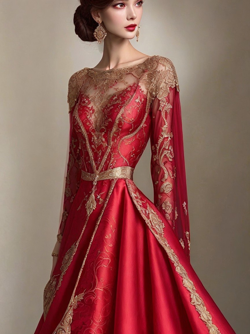 Elegant Red Dress with Gold Embroidery Details