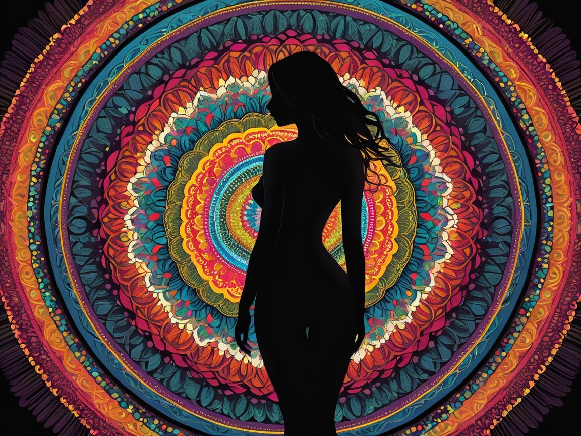 Silhouette of Woman Against Colorful Mandala Pattern