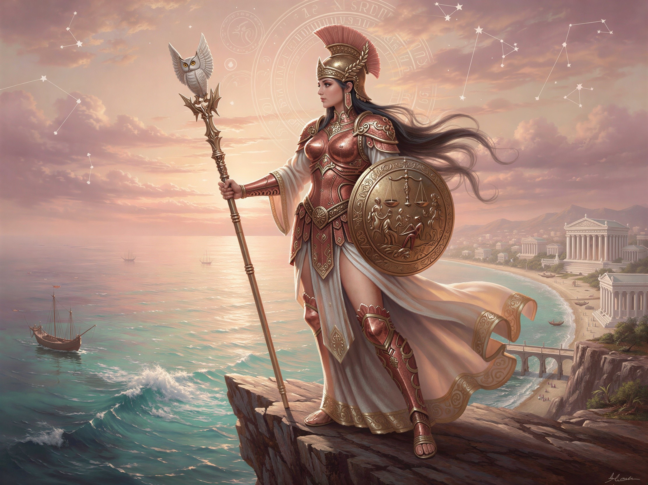 Goddess Minerva in Gilded Armor Overlooking Ocean
