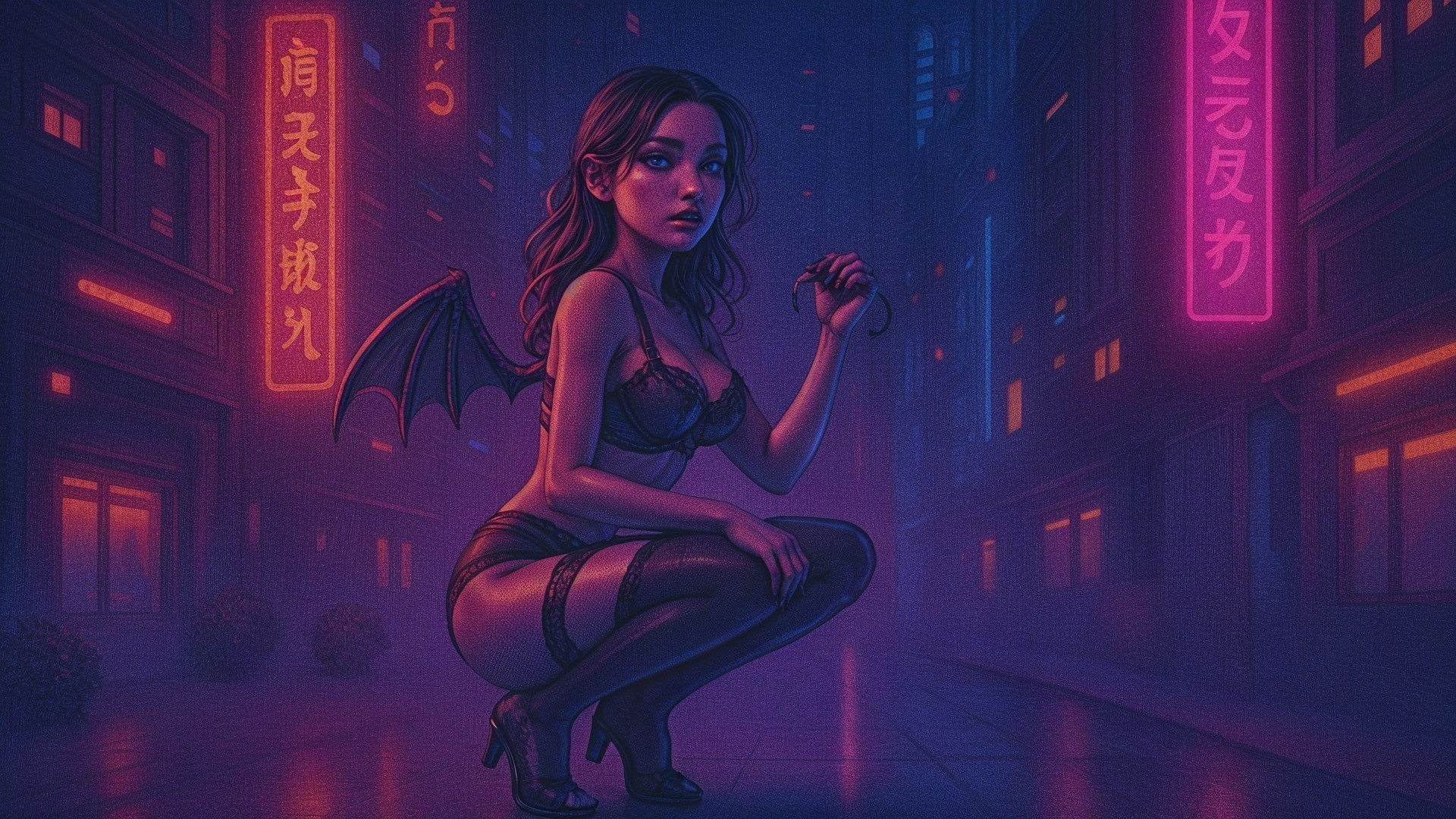 Dark Synthwave Illustration of Woman with Demon Wings