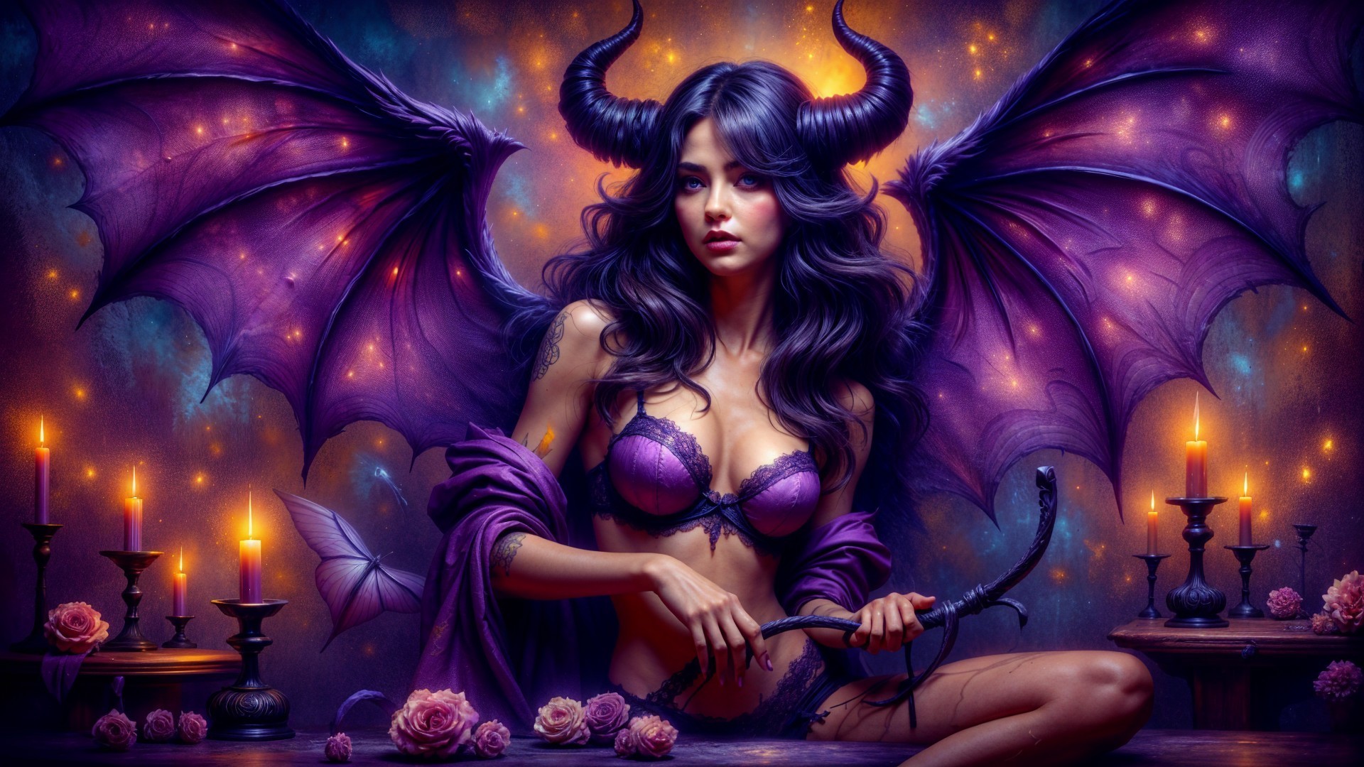 Succubus with Dark Hair and Purple Accents in Setting