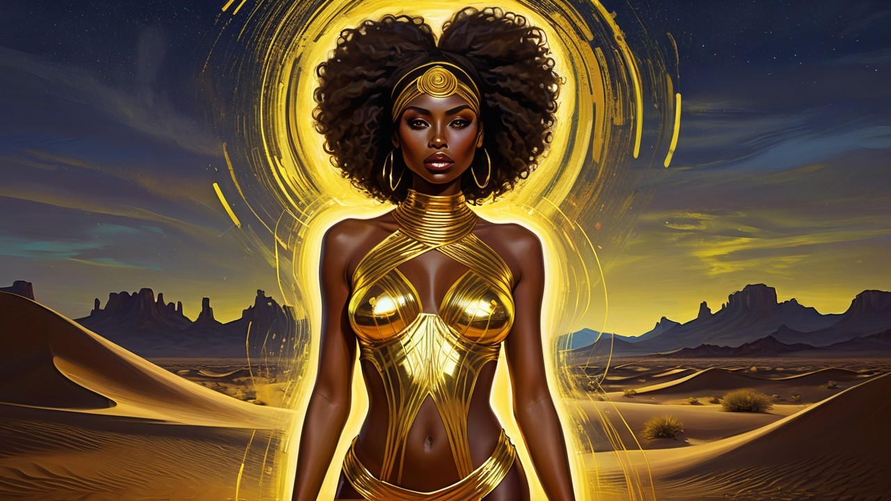 Elegant Black Woman in Gold Aura Amidst Desert Landscape