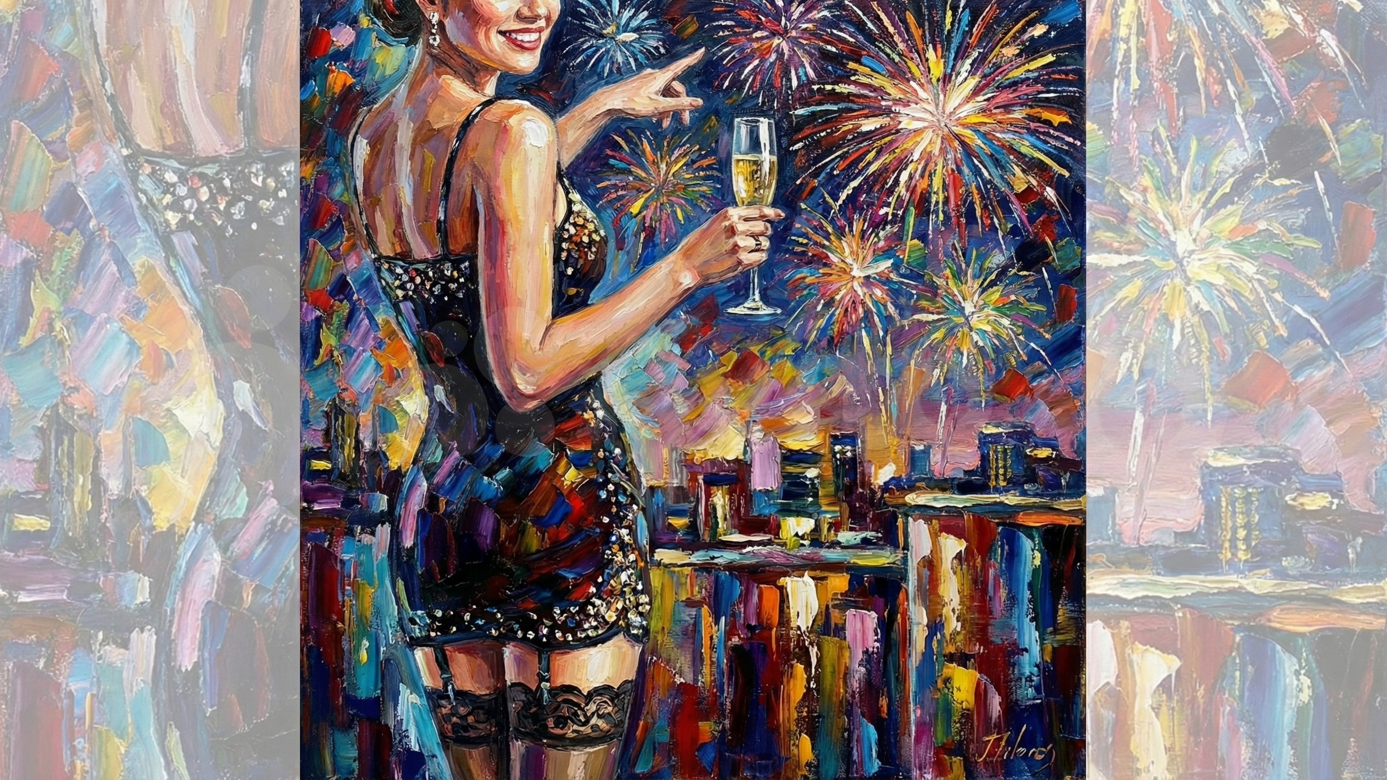 Impressionistic Painting of Woman with Fireworks Display