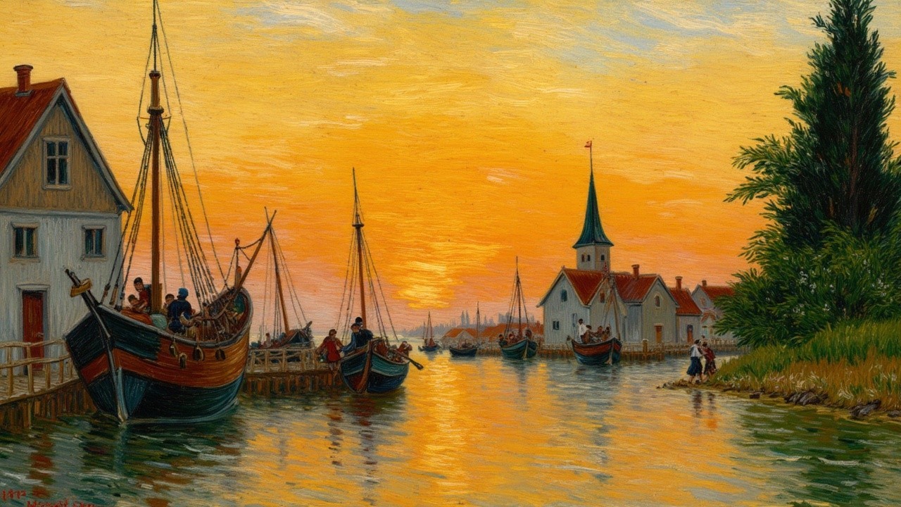 Oil Painting of Canal Scene at Sunset with Boats