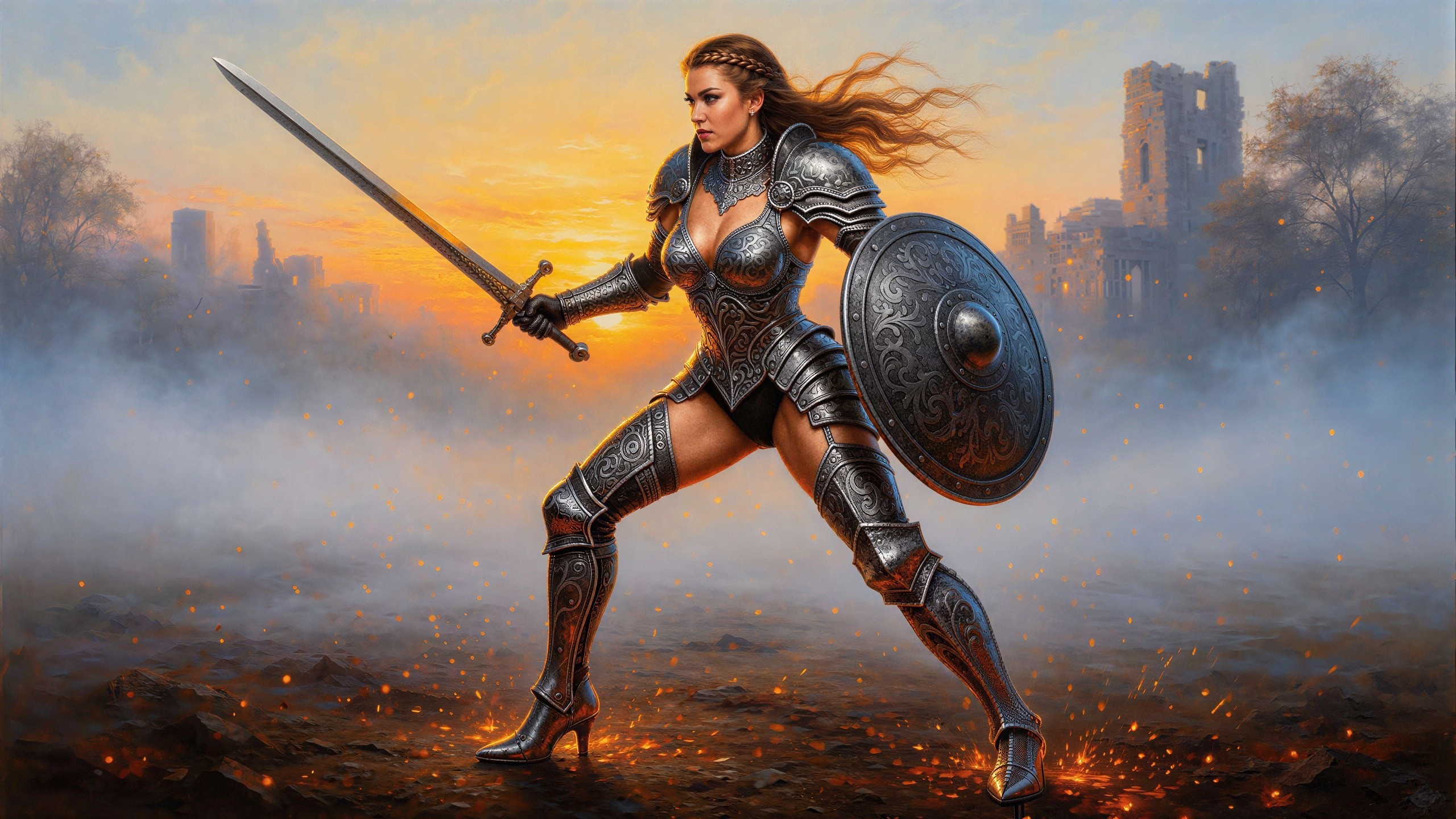 Hyperrealistic Oil Painting of a Female Warrior in Armor