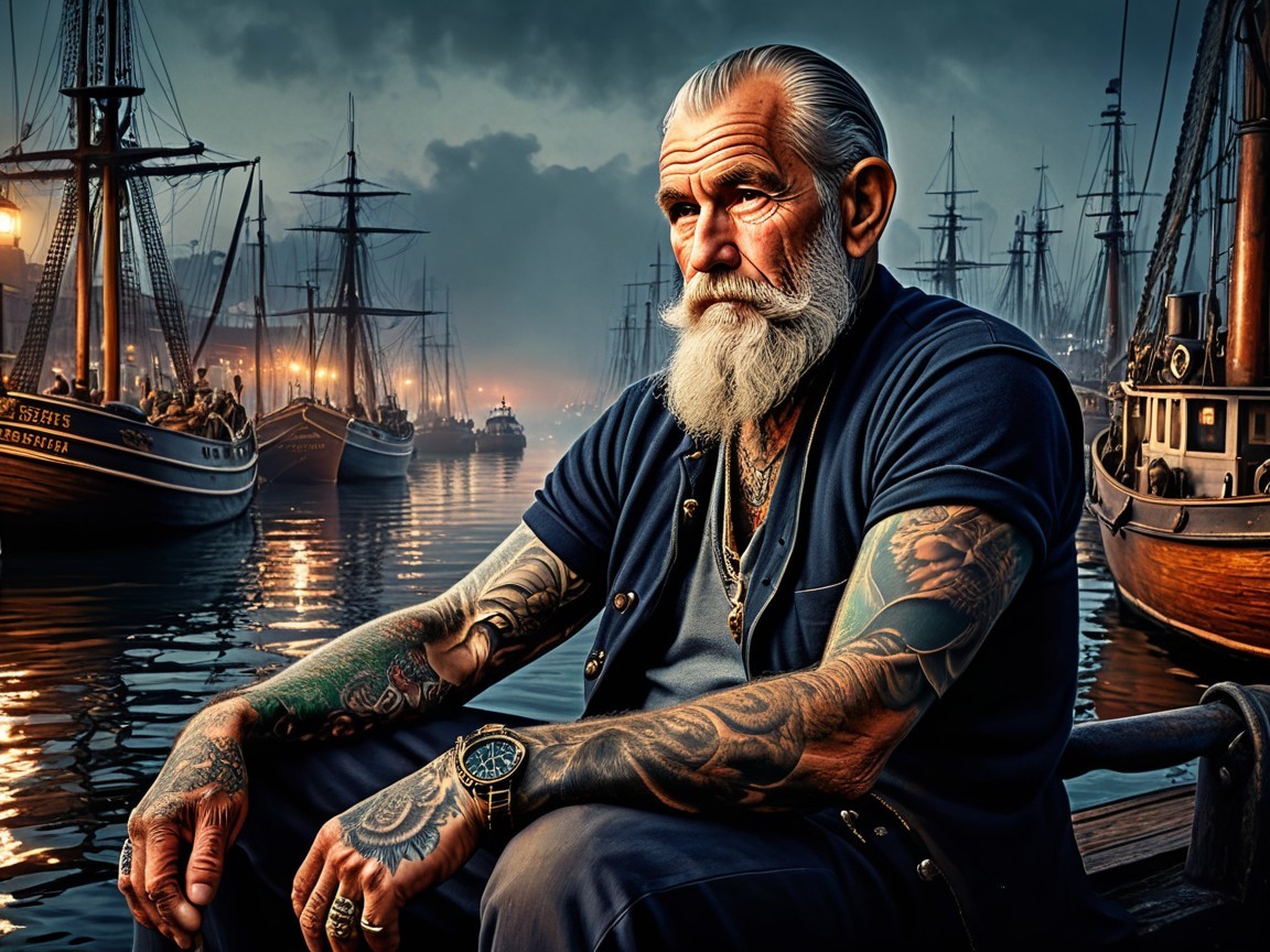 Older man with tattoos by a harbor at twilight