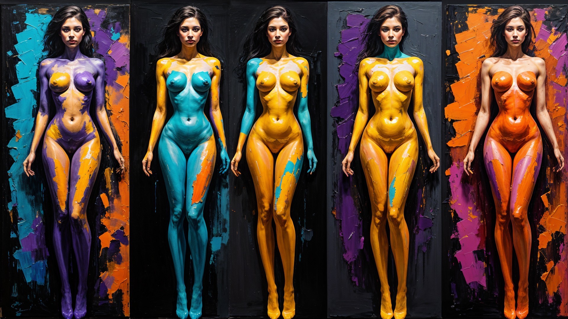 Models in Bold Body Paint Against Abstract Backgrounds