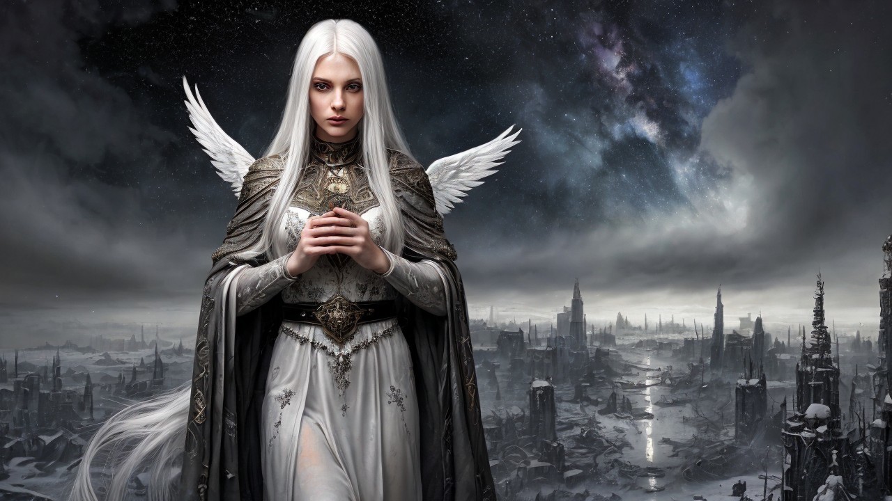 Majestic figure in gray robes in otherworldly landscape