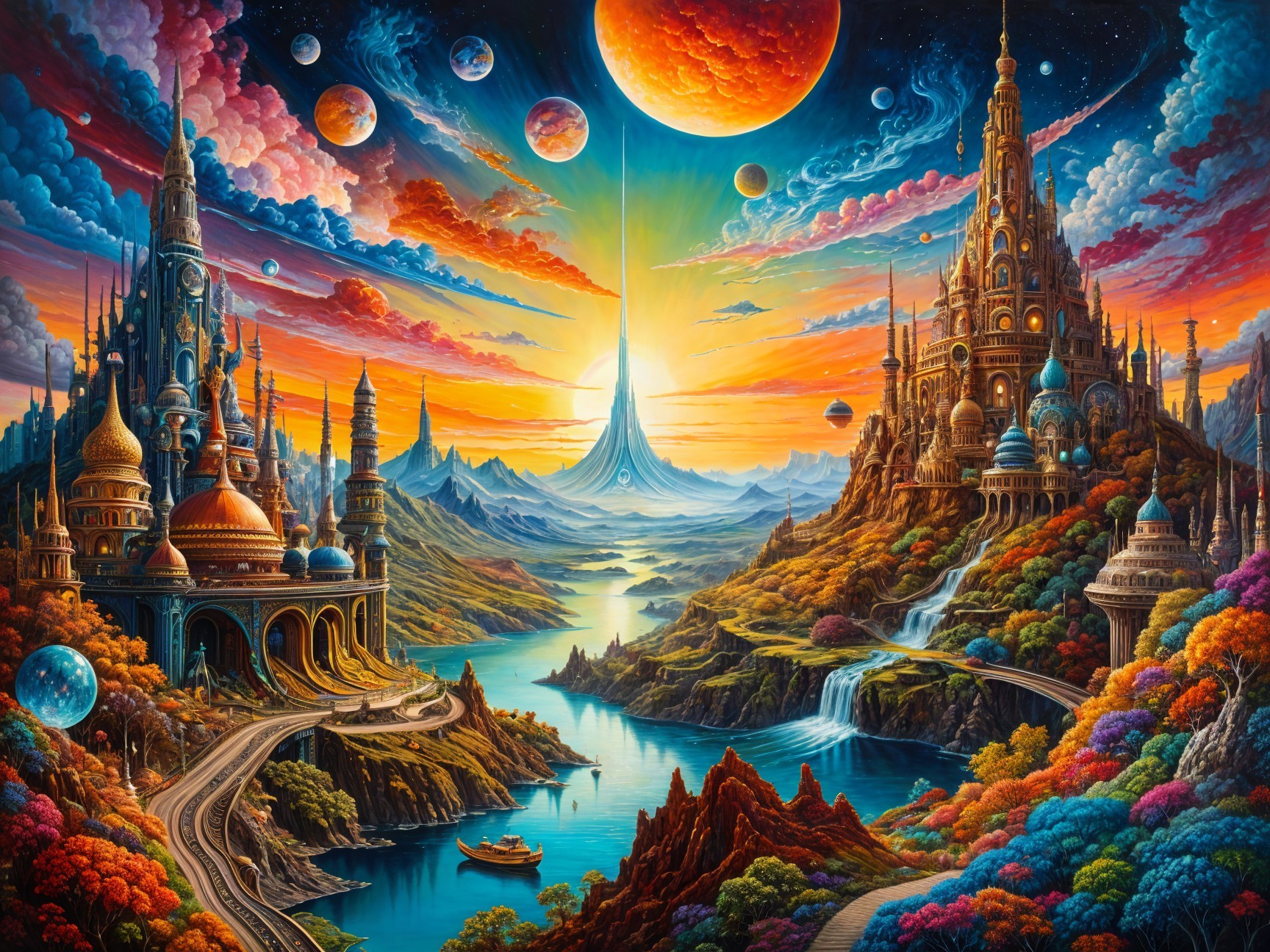 Vibrant Fantasy Landscape with Castles and Waterfalls