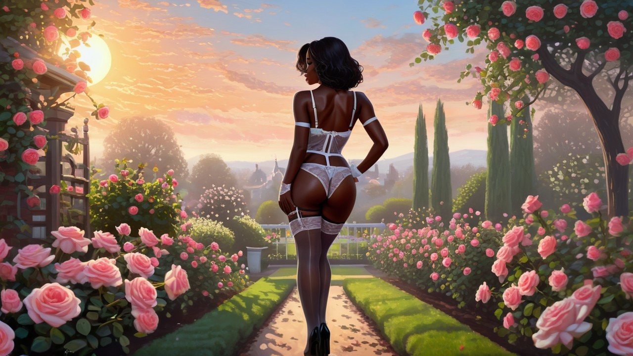 Woman in Elegant Garden at Sunset Surrounded by Roses