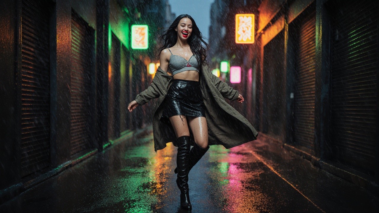 Joyful Dance in a Neon-Lit Rainy Alleyway