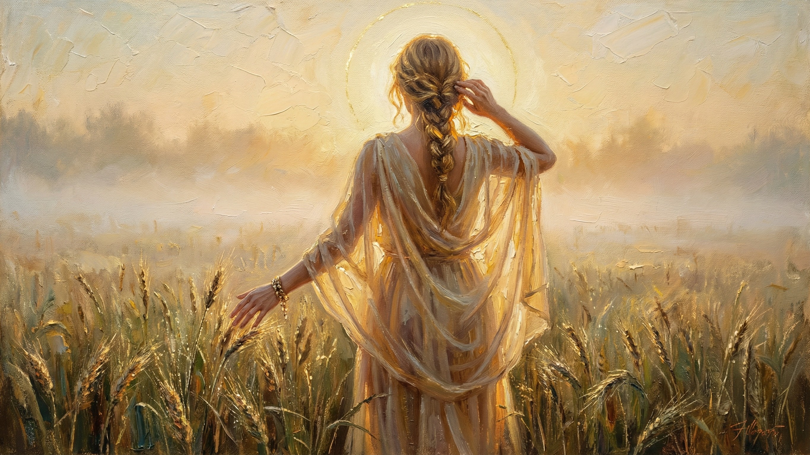 Oil Painting of Woman in Wheat Field at Sunset