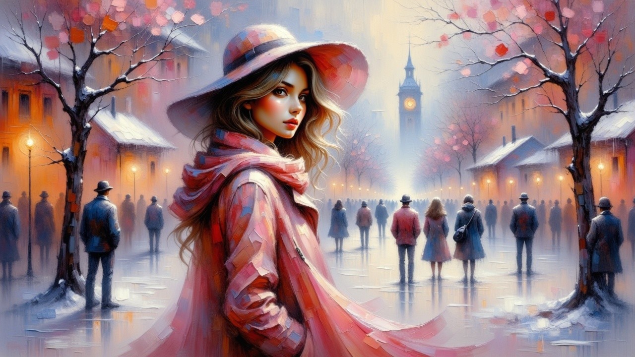 Elegant Woman in Pastel Coat on Snowy Street