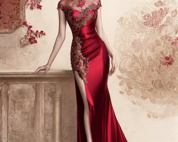 Vibrant Red Evening Gown with Lace and Floral Details