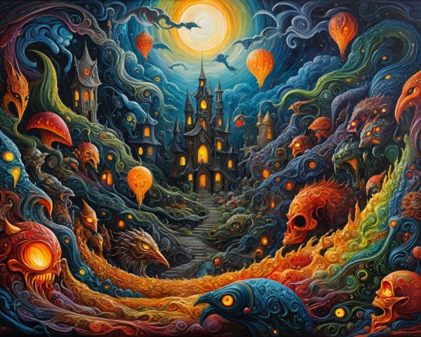 Surreal Landscape with Colorful Hills and Castle