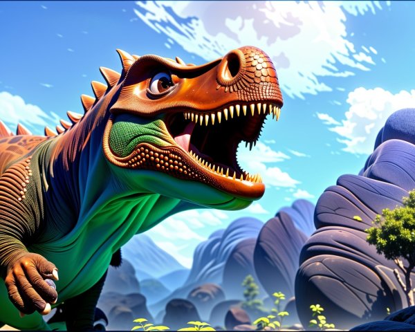 Cartoonish Dinosaur in Colorful Mountain Landscape