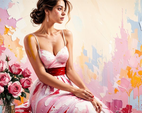 Elegant woman in a pink dress with roses and art backdrop