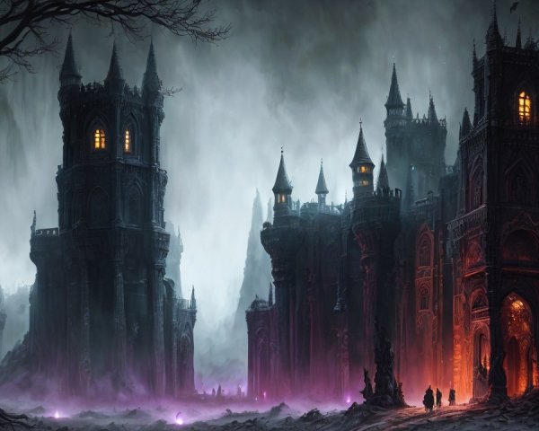 Gothic castle with eerie lights and shadowy figures