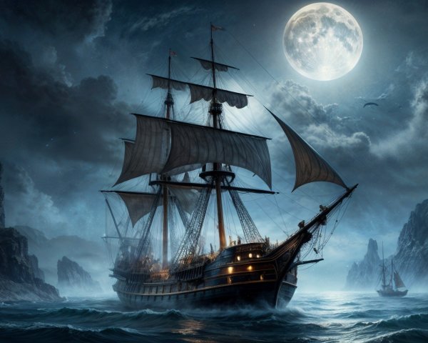 Sailing Ship in Stormy Seas Under Full Moonlight