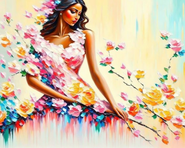 Colorful painting of a woman in a floral dress