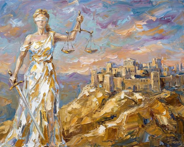 Impressionistic Painting of Lady Justice and Cityscape