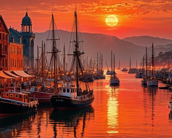 Sunset Harbor Scene with Boats and Charming Buildings