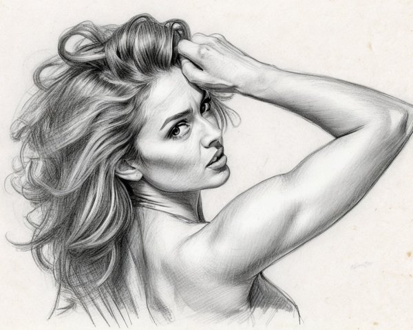 Pencil Sketch of Confident Woman with Tousled Hair