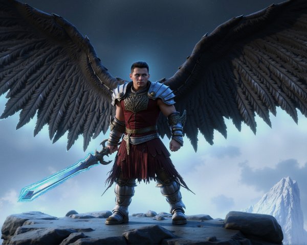Heroic figure in ancient armor with glowing sword and wings