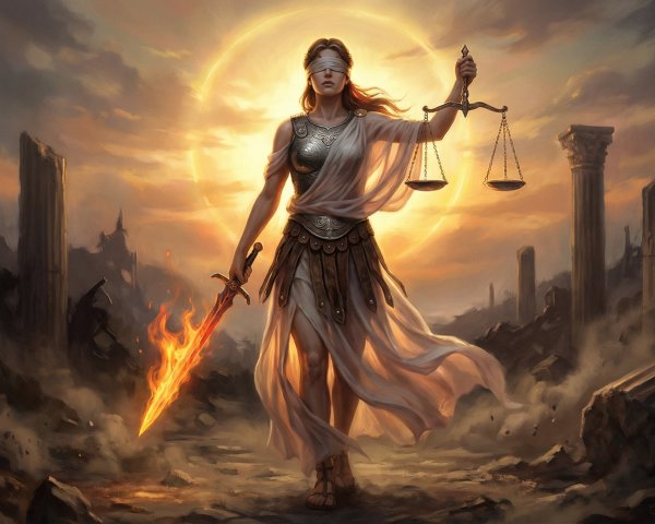 Blindfolded Woman as Roman Goddess Justitia in Ruins