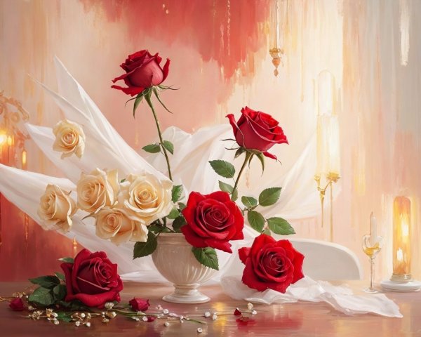 Elegant Red and Cream Roses in White Vase Arrangement