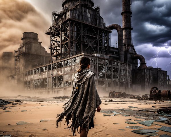 Woman in Torn Cloak in Industrial Wasteland Scene