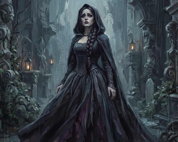 Emotional Woman in Dark Fantasy Graveyard Setting