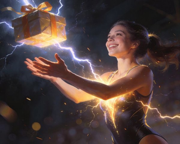 Portrait of a Female Gymnast with Glowing Giftbox