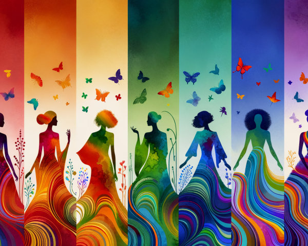 Vibrant Artwork of Women in Colorful Dresses and Butterflies