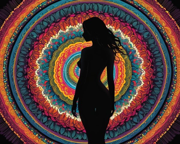 Silhouette of Woman Against Colorful Mandala Pattern