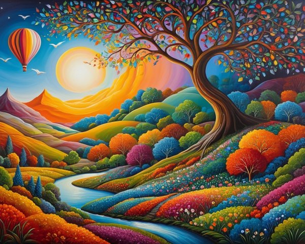 Vibrant Autumn Landscape with Rolling Hills and River