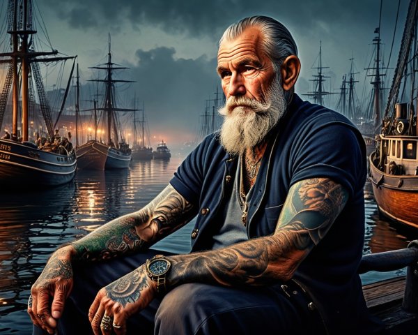 Older man with tattoos by a harbor at twilight