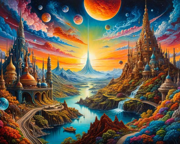 Vibrant Fantasy Landscape with Castles and Waterfalls