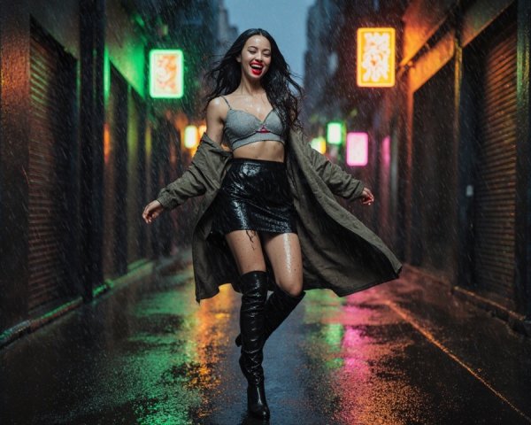 Joyful Dance in a Neon-Lit Rainy Alleyway