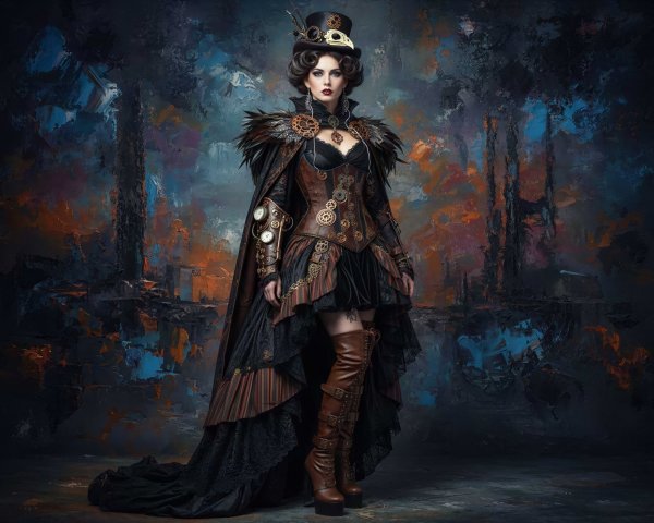 Full body portrait of a woman in steampunk attire